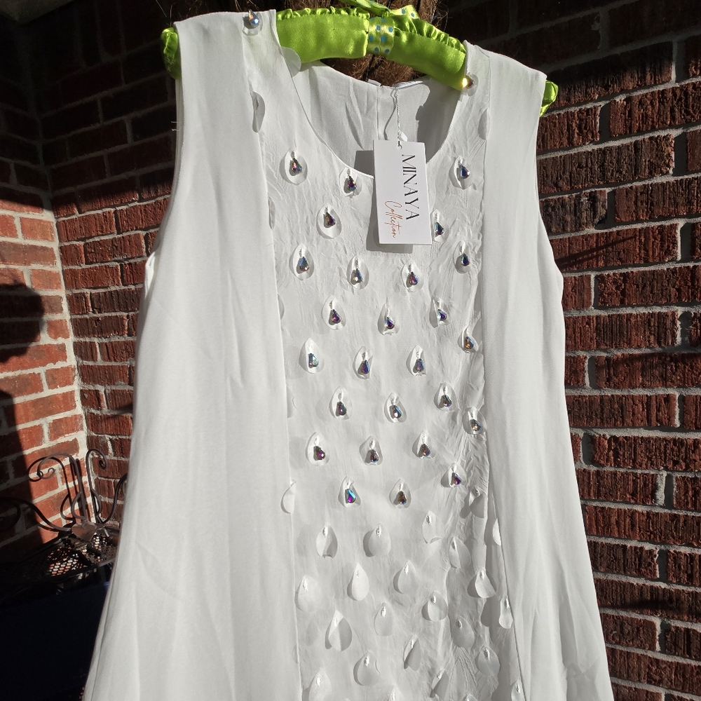 NEW Minaya Collection White Chiffon Sleeveless Jeweled Maxi Dress S
